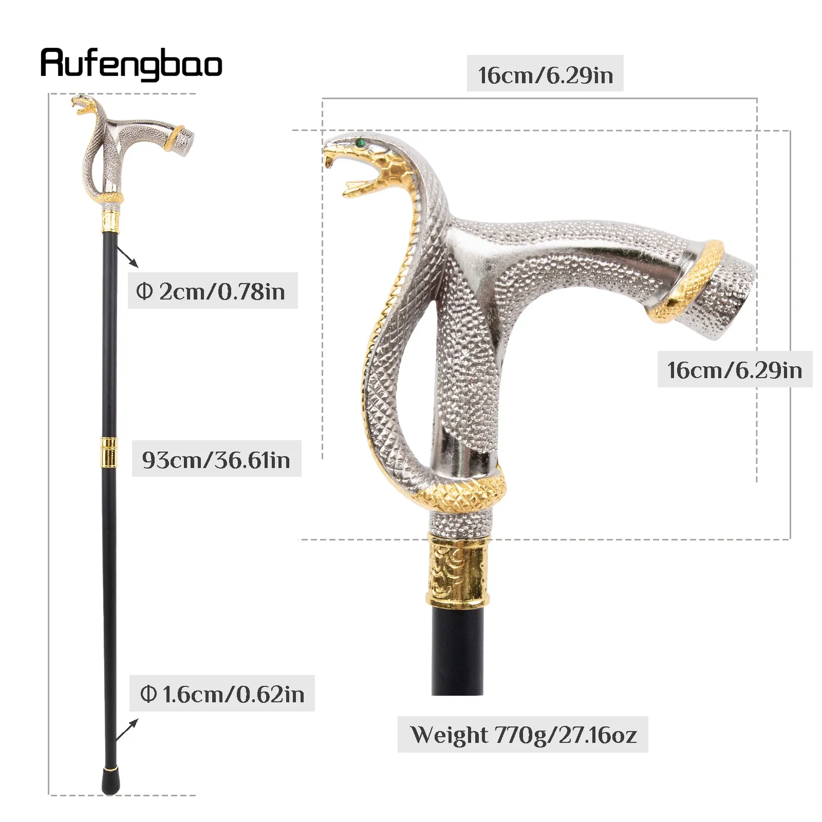 White Golden Cobra Head Fashion Walking Stick Decorative Walking Stick Cospaly Vintage Fashionable Walking Cane Crosier 93cm