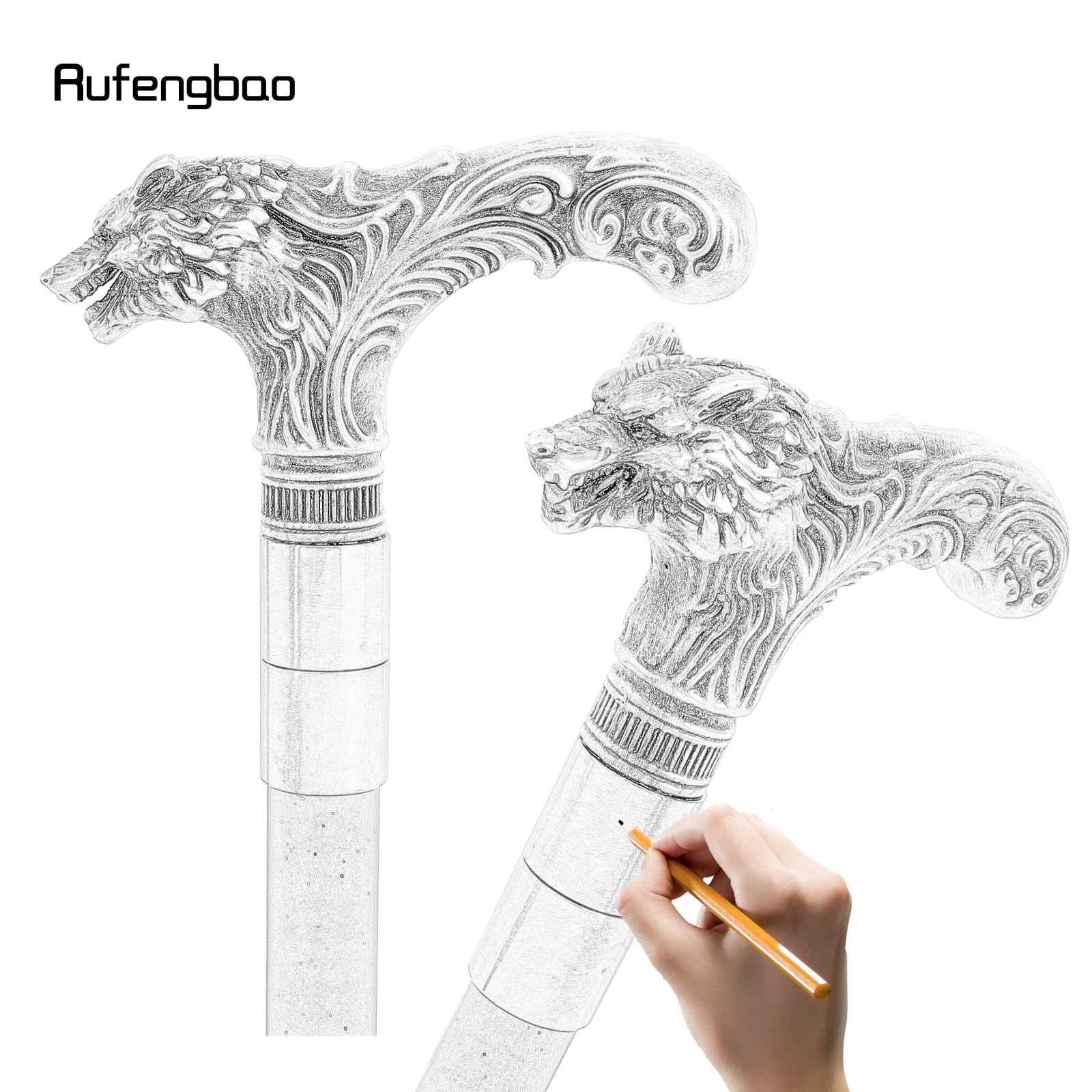 Silver Wolf Head Long Handle Decorative Stick Parties Decorative Cane for Halloween for Cosplay and Parties Walking Cane 93cm