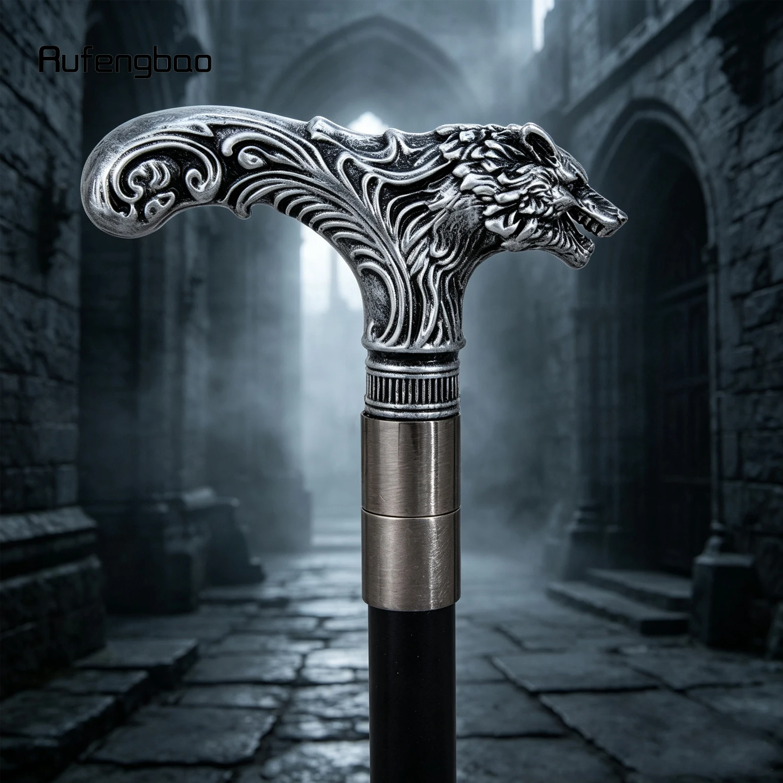 Silver Wolf Head Long Handle Decorative Stick Parties Decorative Cane for Halloween for Cosplay and Parties Walking Cane 93cm