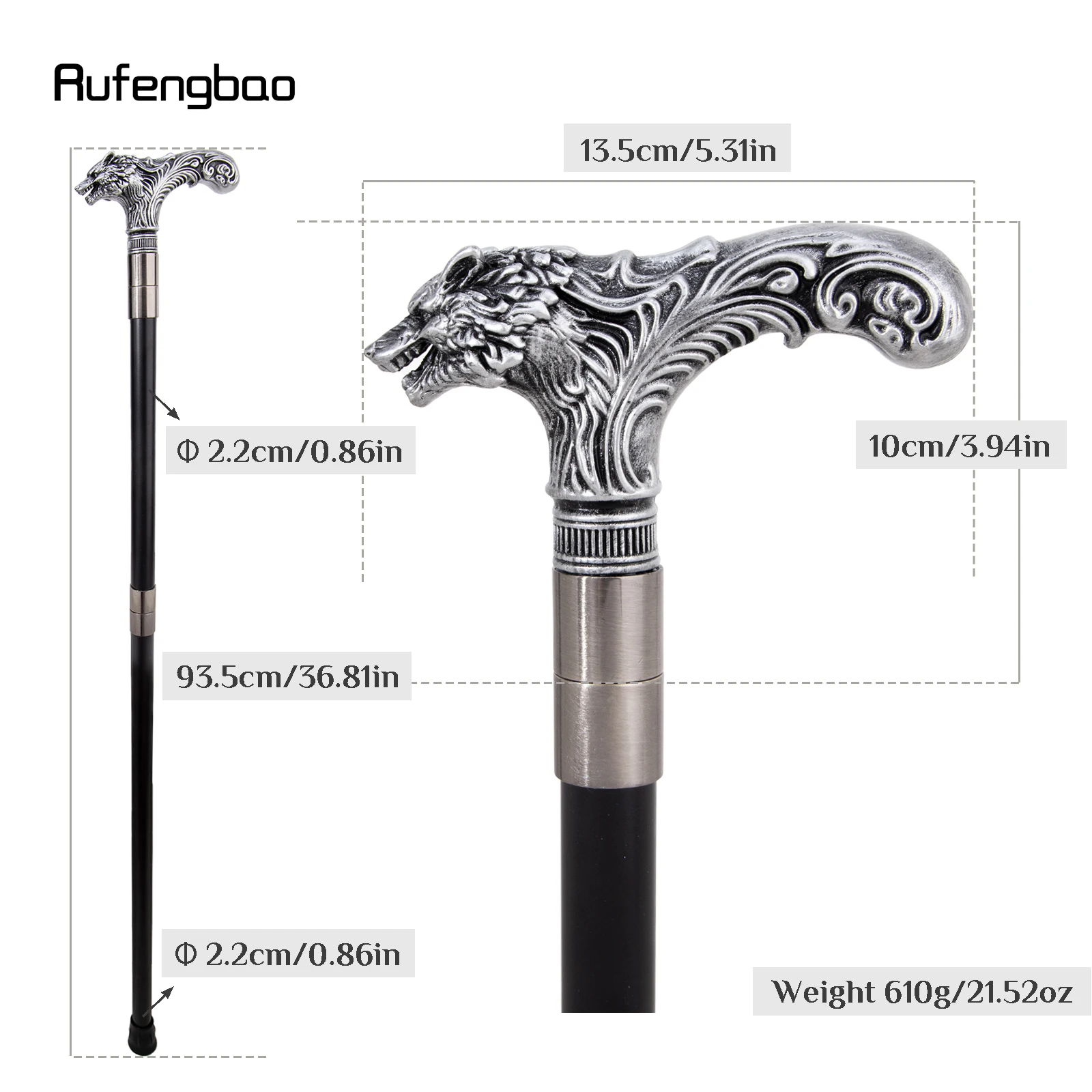 Silver Wolf Head Long Handle Decorative Stick Parties Decorative Cane for Halloween for Cosplay and Parties Walking Cane 93cm