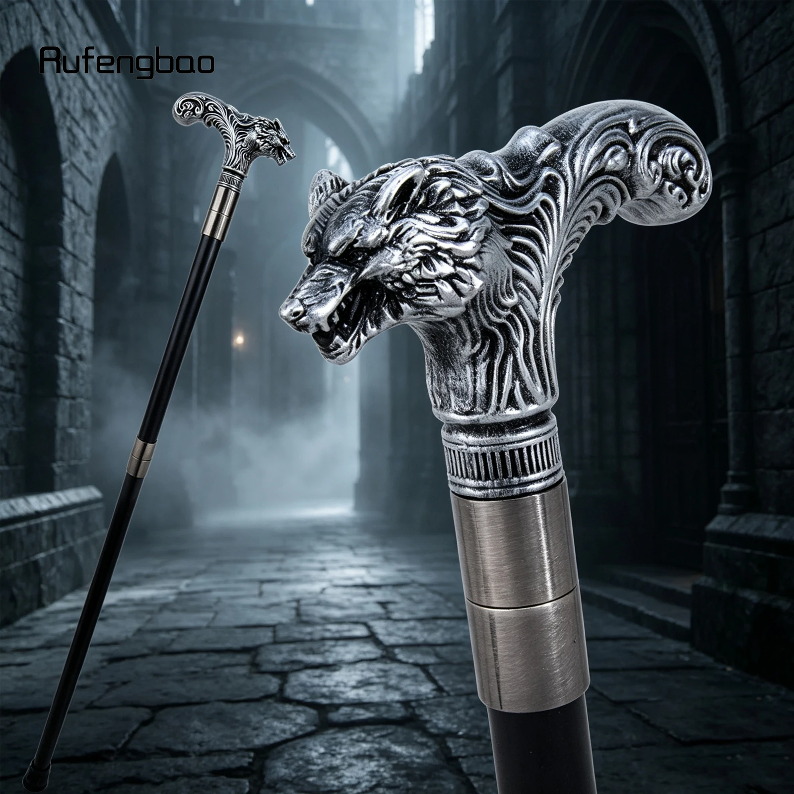 Silver Wolf Head Long Handle Decorative Stick Parties Decorative Cane for Halloween for Cosplay and Parties Walking Cane 93cm