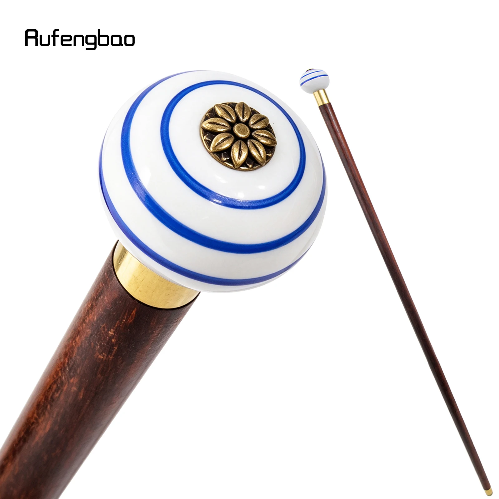 Blue White Ceramic Round Flower Head Wooden Single Joint Stick Decorative Cospaly Party Wood Cane Halloween Wand Crosier 90cm