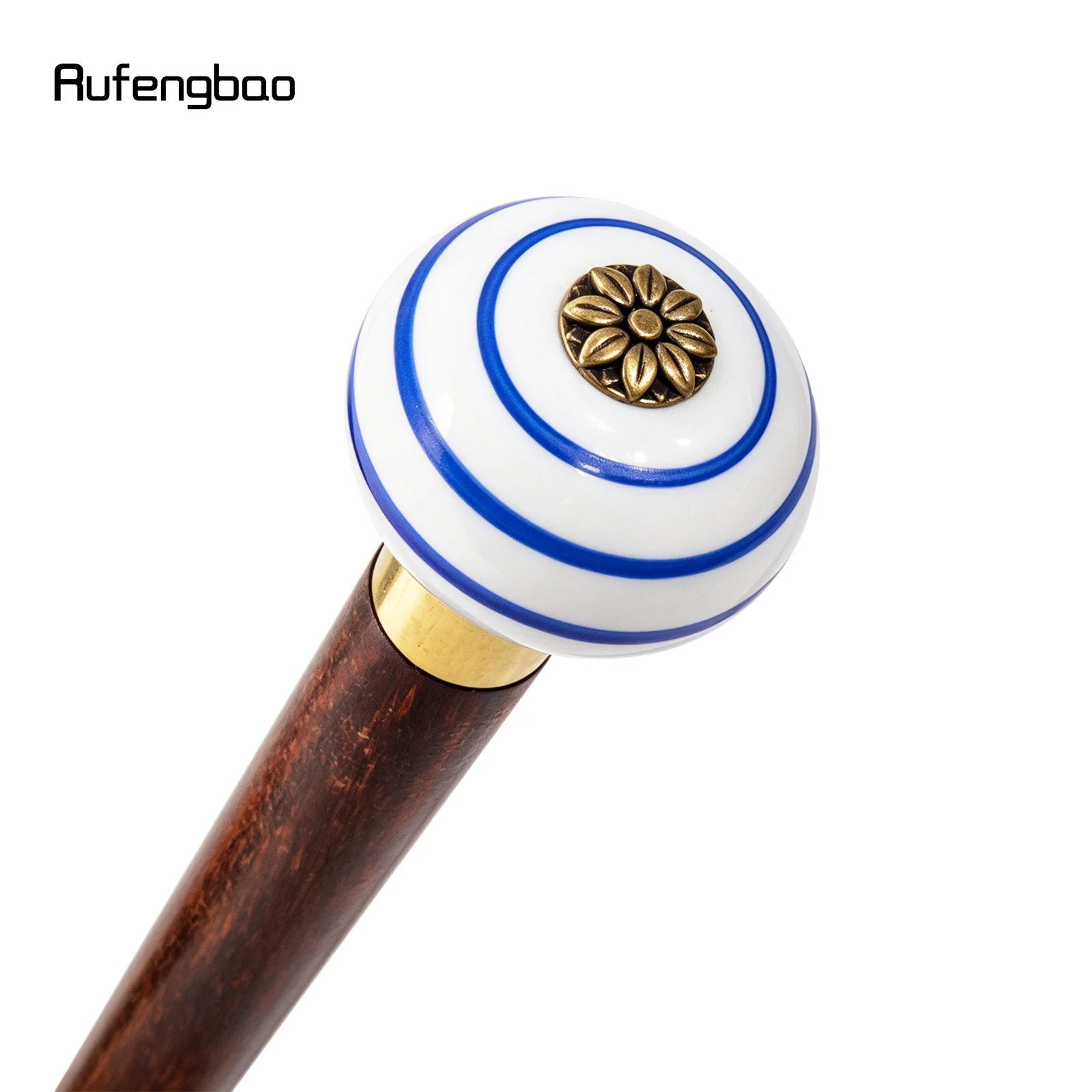 Blue White Ceramic Round Flower Head Wooden Single Joint Stick Decorative Cospaly Party Wood Cane Halloween Wand Crosier 90cm