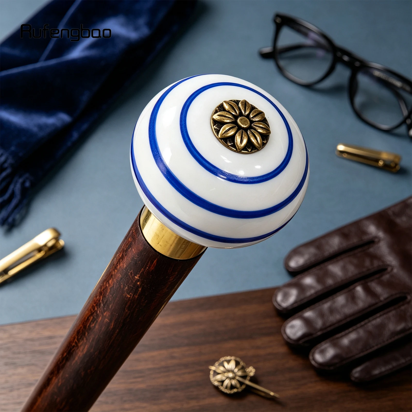 Blue White Ceramic Round Flower Head Wooden Single Joint Stick Decorative Cospaly Party Wood Cane Halloween Wand Crosier 90cm