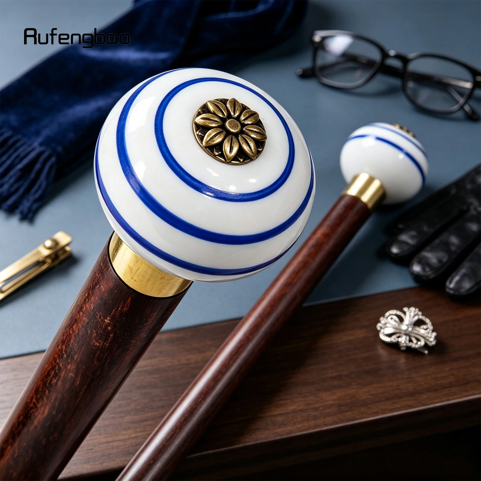 Blue White Ceramic Round Flower Head Wooden Single Joint Stick Decorative Cospaly Party Wood Cane Halloween Wand Crosier 90cm