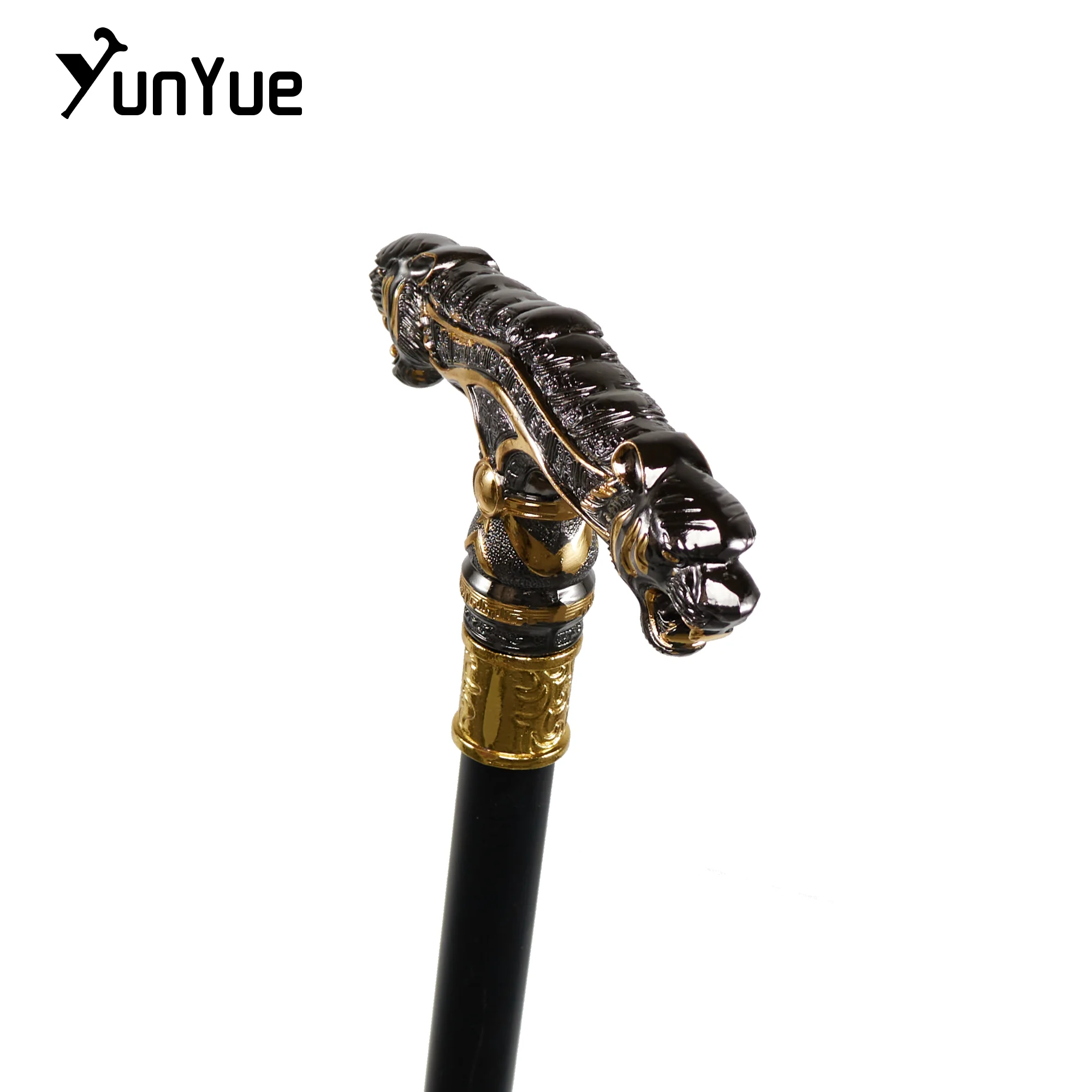 Vintage Black Two-Headed Cheetah Metal Walking Cane Gentleman Scepter Collections Elegant Walking Stick Cosplay Props Crutch