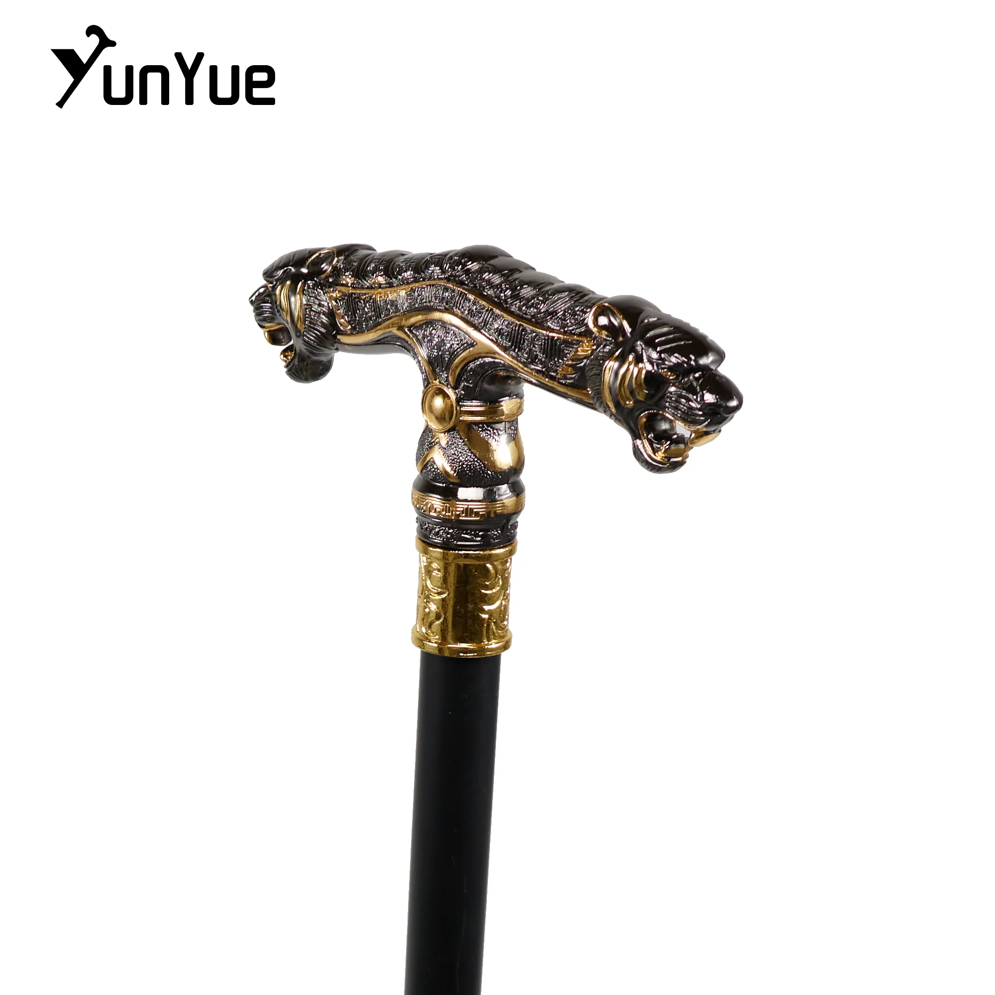 Vintage Black Two-Headed Cheetah Metal Walking Cane Gentleman Scepter Collections Elegant Walking Stick Cosplay Props Crutch