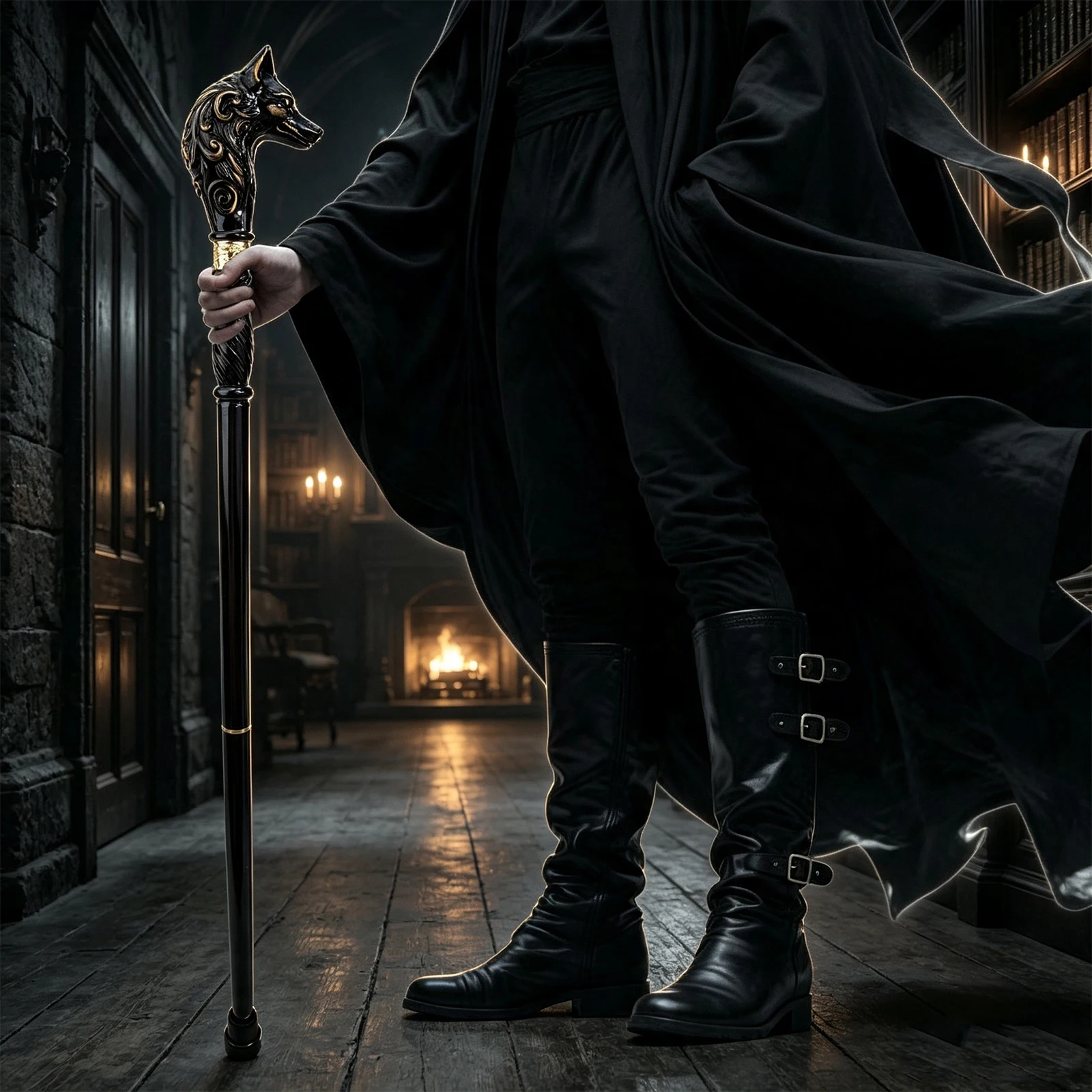 Wolf Head Black Wooden Fashion Walking Stick Decorative Vampire Cospaly Party Wood Walking Cane Halloween Mace Wand Crosier 95cm