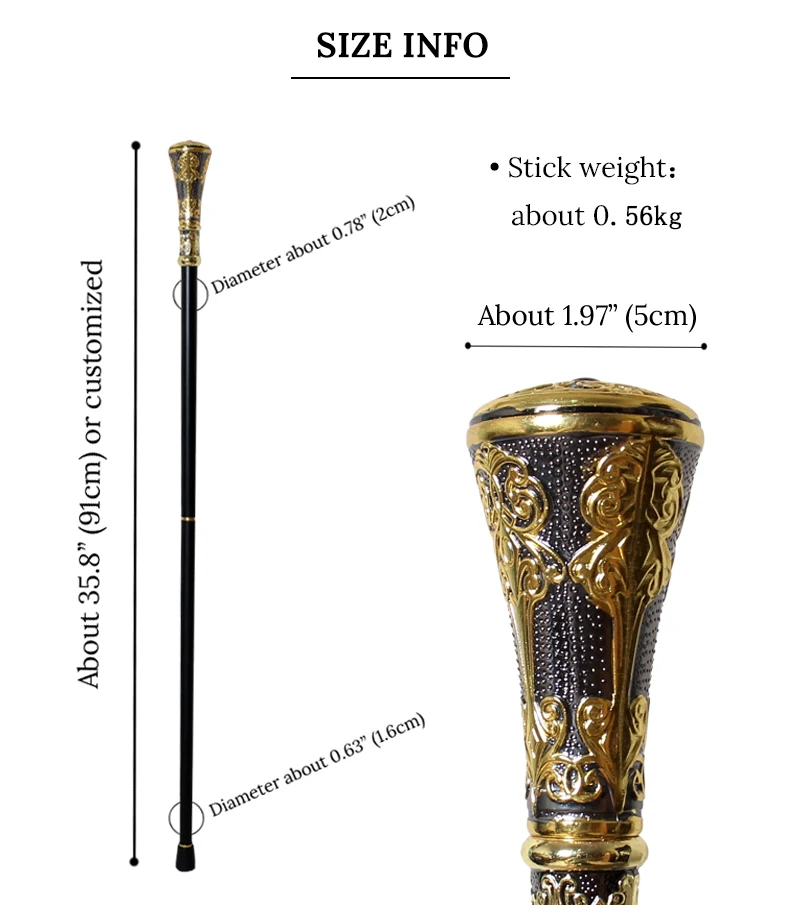 Victorian Black Gold Floral Carved Walking Cane with Detachable Handle Men Women Cosplay Prop Walking Stick