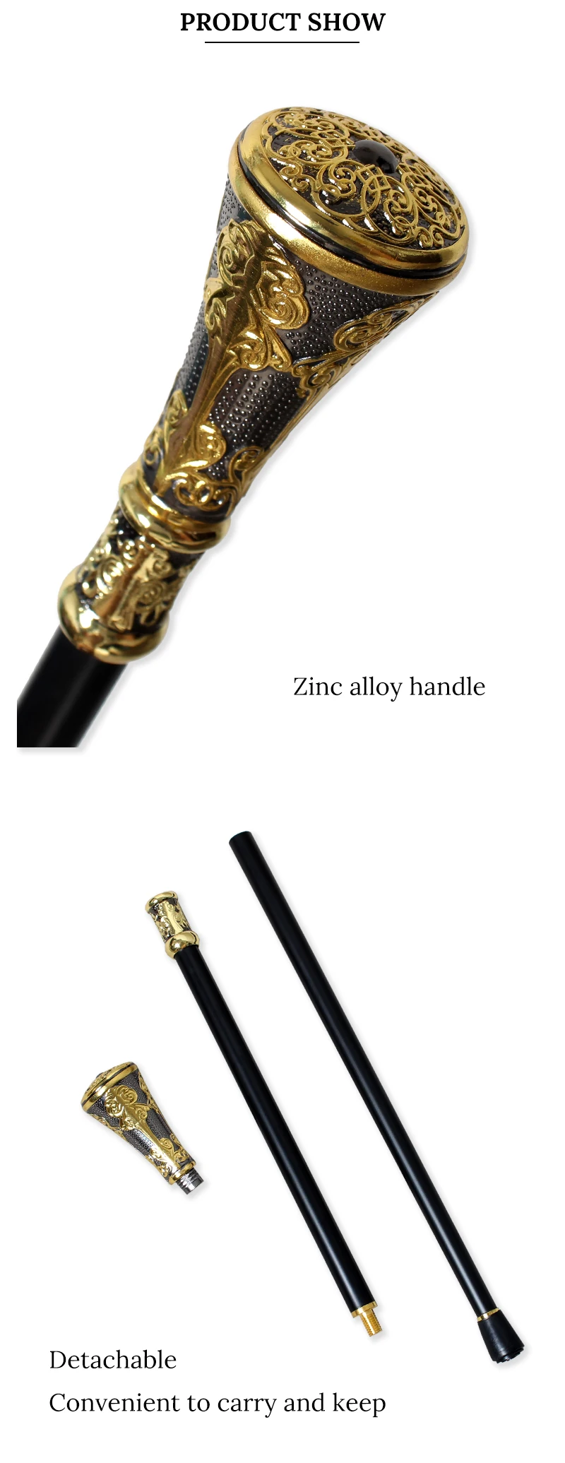 Victorian Black Gold Floral Carved Walking Cane with Detachable Handle Men Women Cosplay Prop Walking Stick