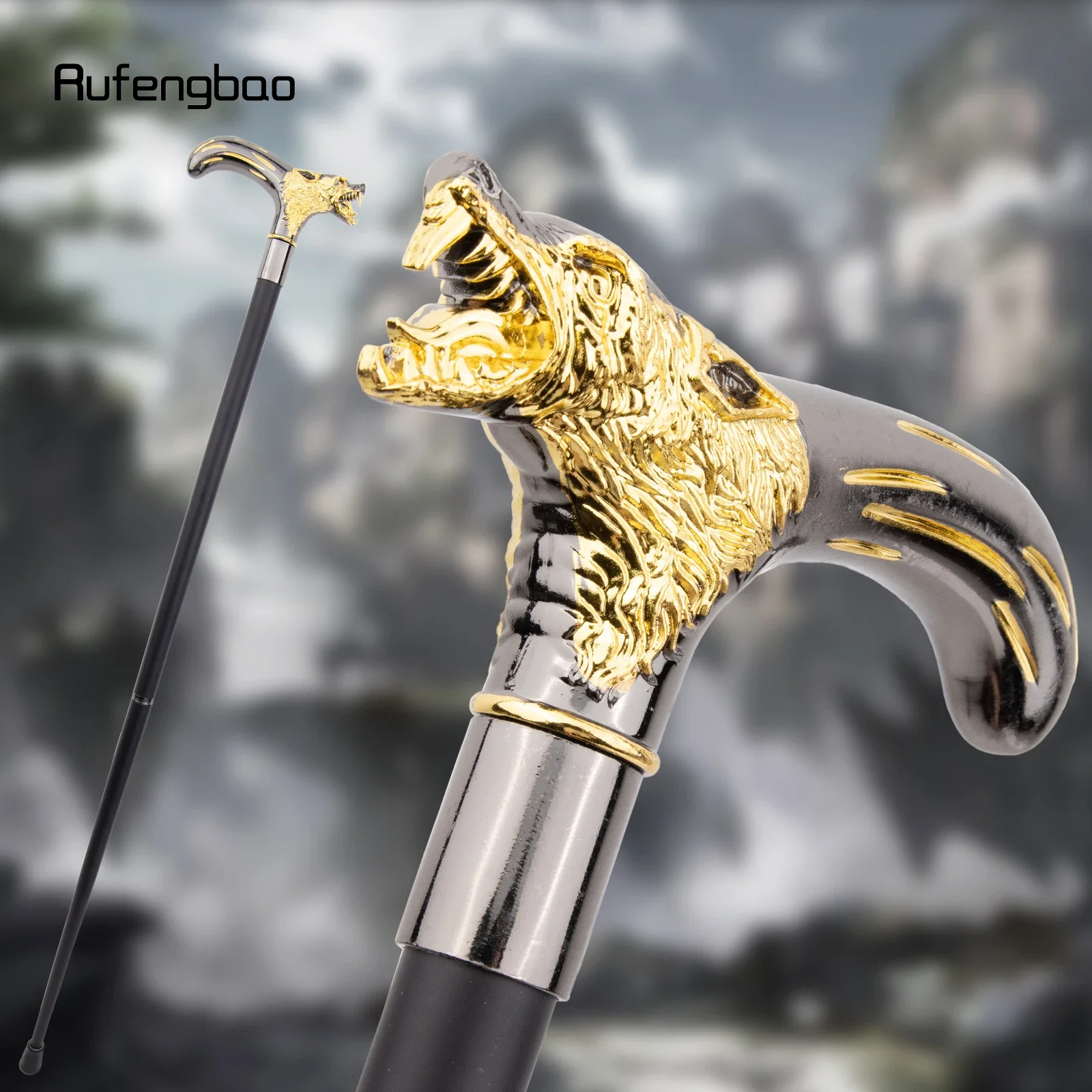 Golden Black Wolf Head Biting Walking Cane Fashion Decorative Stick Gentleman Performance  Cane 92cm  Performance Stage Cane