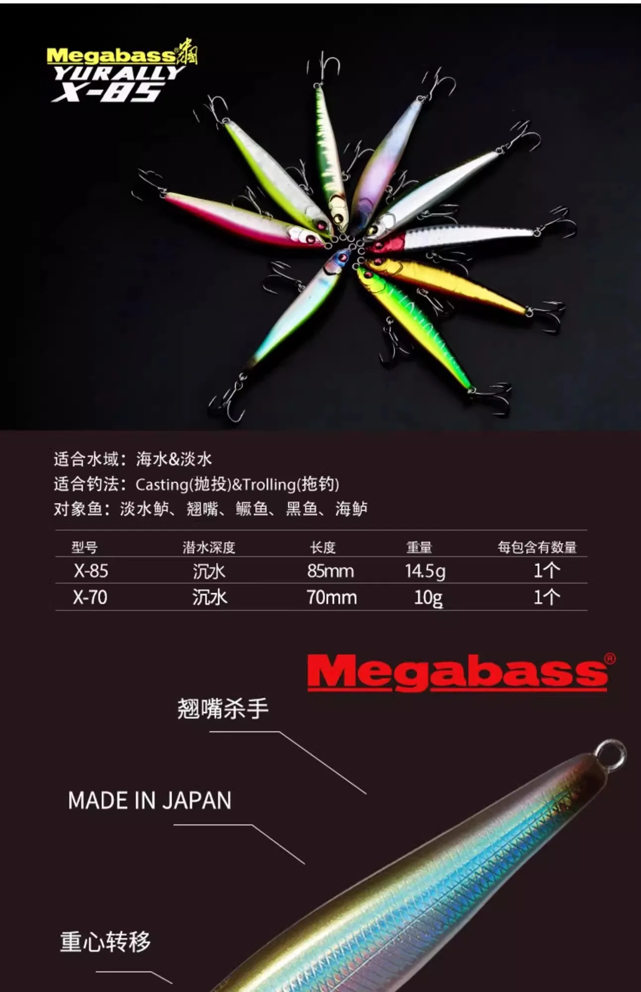 Megabass X85 X-70 85mm 14g/10g Sinking Pencil Bass Fishing Lure Distance Saltwater Sea Tackle Fishing Lure