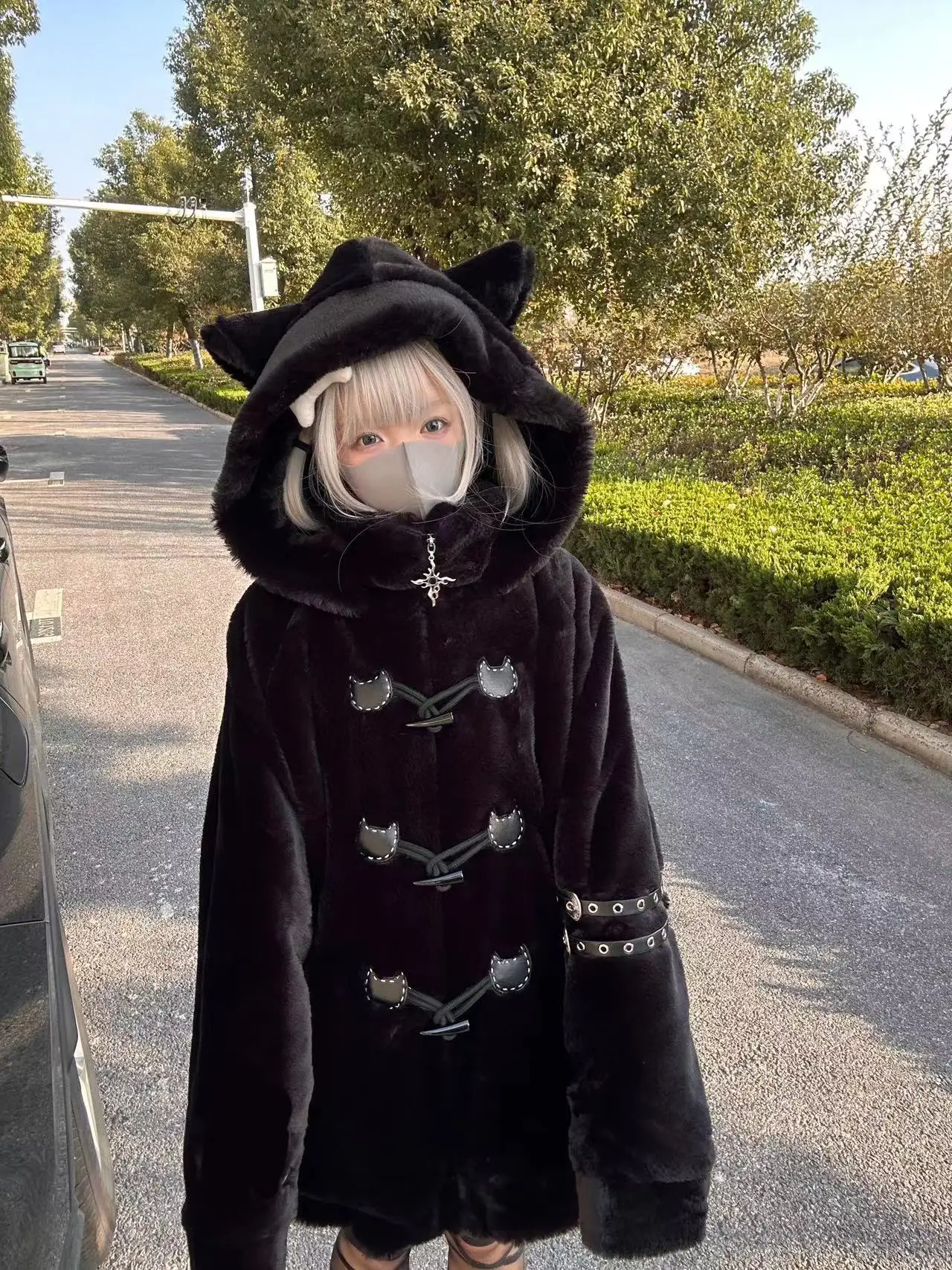 Lautaro Autumn Winter Oversized Soft Thick Warm White Faux Fur Hoodie Women with Bear Ears Horn Buttons Punk Style Fluffy Jacket