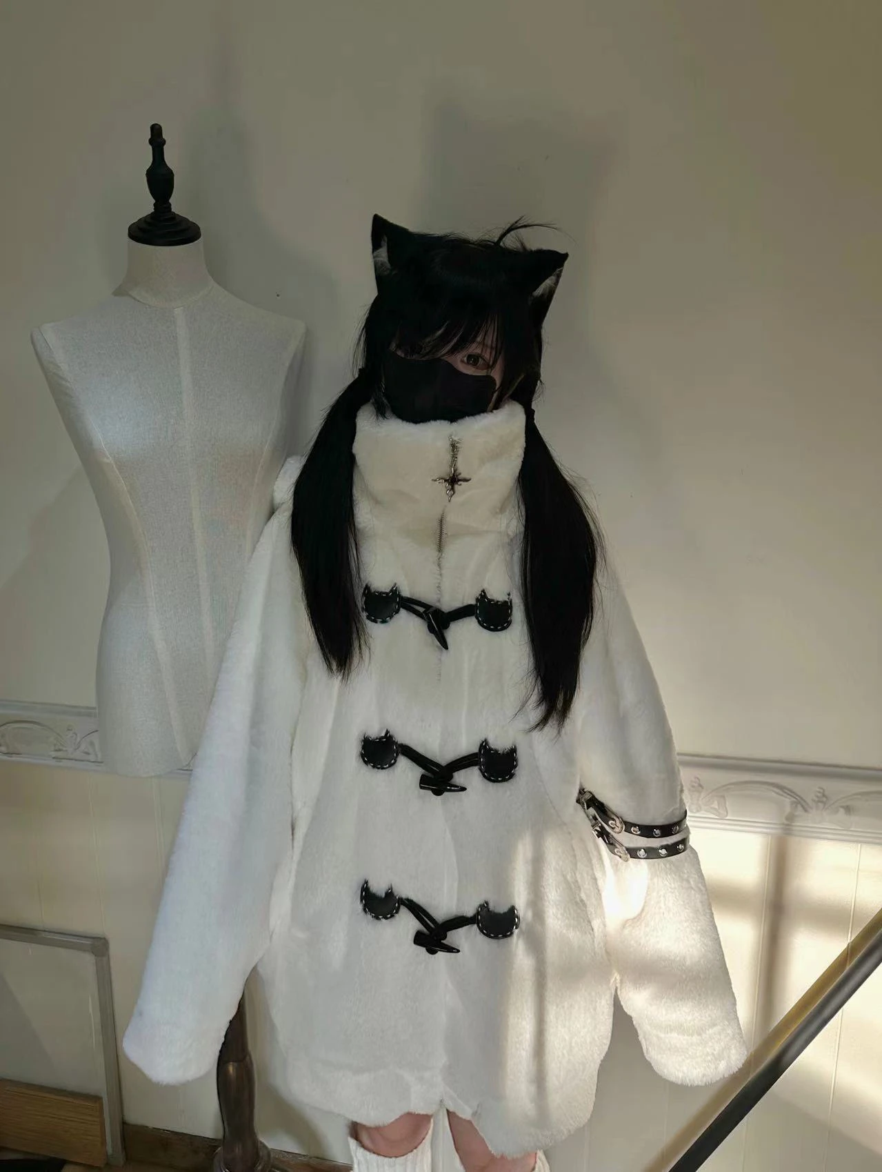 Lautaro Autumn Winter Oversized Soft Thick Warm White Faux Fur Hoodie Women with Bear Ears Horn Buttons Punk Style Fluffy Jacket