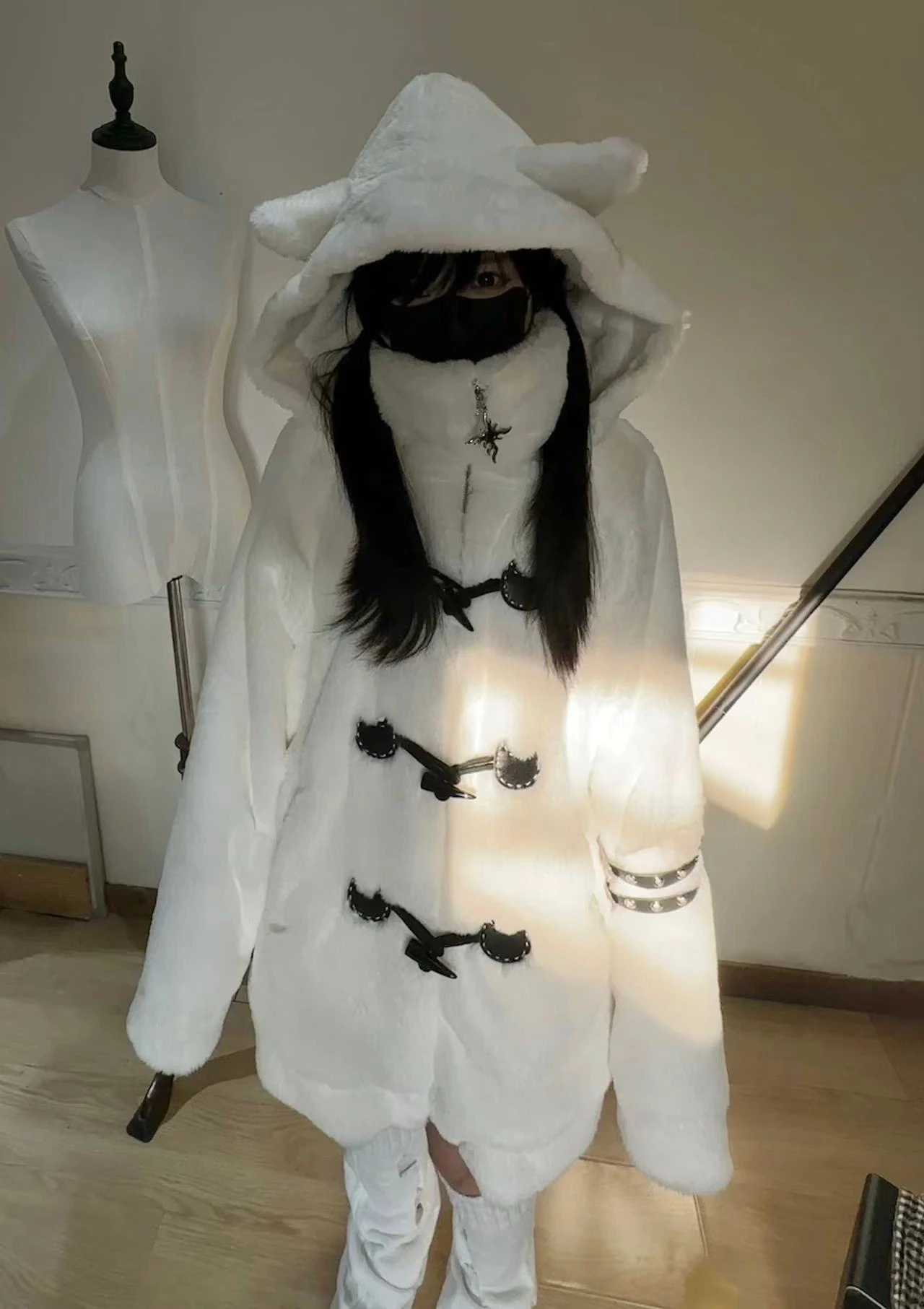 Lautaro Autumn Winter Oversized Soft Thick Warm White Faux Fur Hoodie Women with Bear Ears Horn Buttons Punk Style Fluffy Jacket