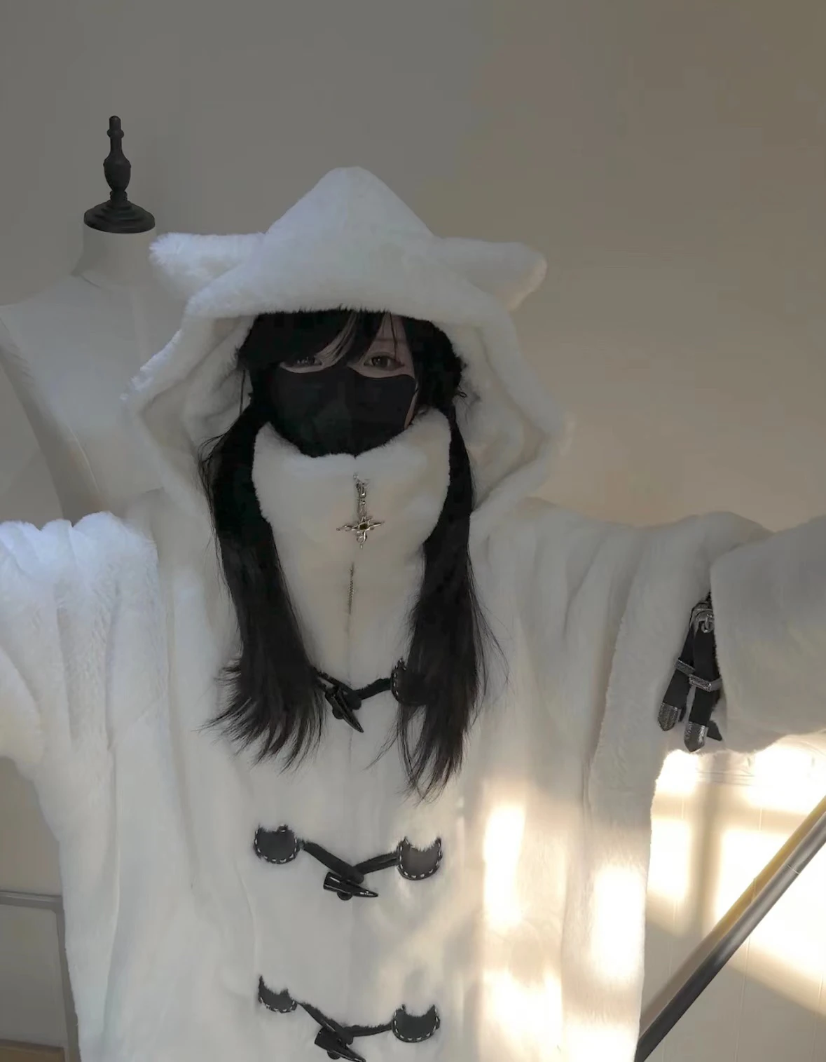 Lautaro Autumn Winter Oversized Soft Thick Warm White Faux Fur Hoodie Women with Bear Ears Horn Buttons Punk Style Fluffy Jacket