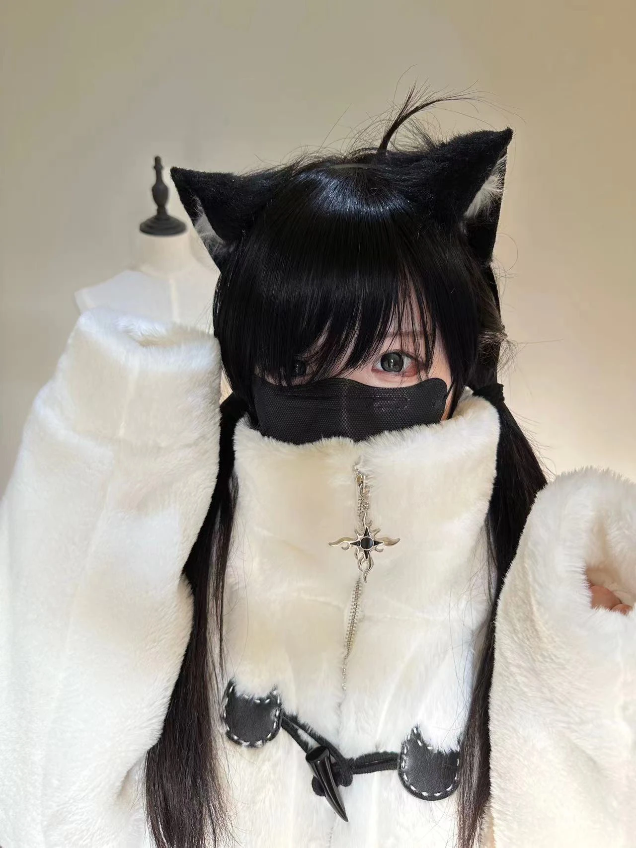 Lautaro Autumn Winter Oversized Soft Thick Warm White Faux Fur Hoodie Women with Bear Ears Horn Buttons Punk Style Fluffy Jacket
