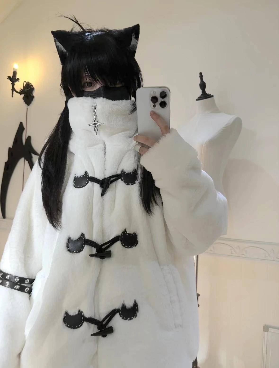 Lautaro Autumn Winter Oversized Soft Thick Warm White Faux Fur Hoodie Women with Bear Ears Horn Buttons Punk Style Fluffy Jacket