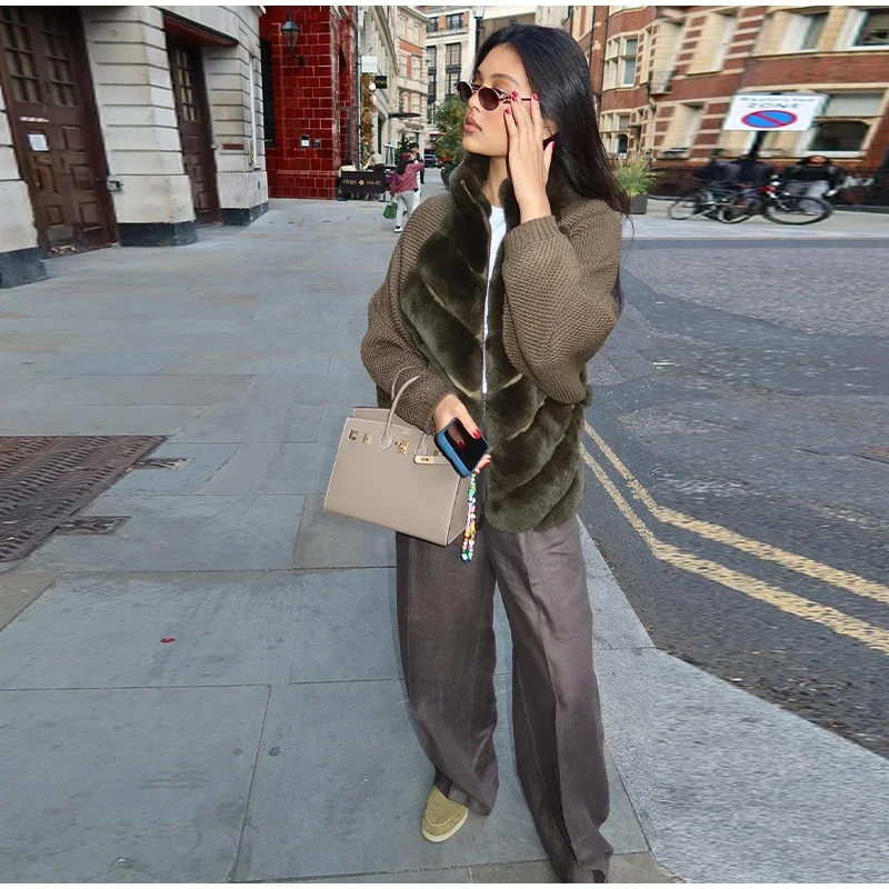 Street Faux Fur Patchwork Jacket Women Design Sense Long Sleeves Casual Female Coat 2025 Autumn Winter Lady Streetwear New