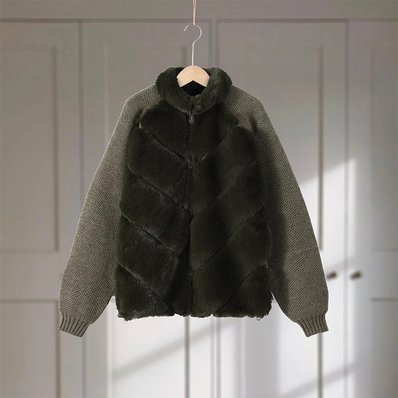 Street Faux Fur Patchwork Jacket Women Design Sense Long Sleeves Casual Female Coat 2025 Autumn Winter Lady Streetwear New