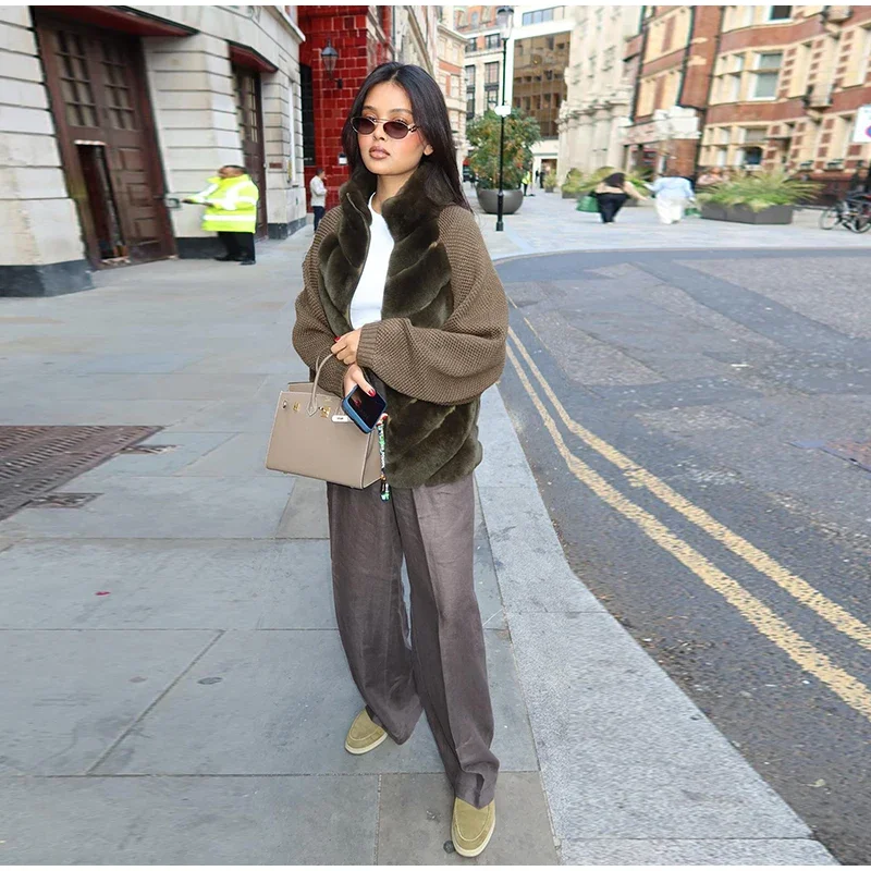Street Faux Fur Patchwork Jacket Women Design Sense Long Sleeves Casual Female Coat 2025 Autumn Winter Lady Streetwear New