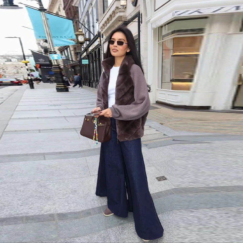 Street Faux Fur Patchwork Jacket Women Design Sense Long Sleeves Casual Female Coat 2025 Autumn Winter Lady Streetwear New
