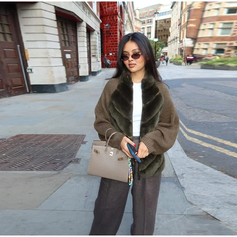 Street Faux Fur Patchwork Jacket Women Design Sense Long Sleeves Casual Female Coat 2025 Autumn Winter Lady Streetwear New