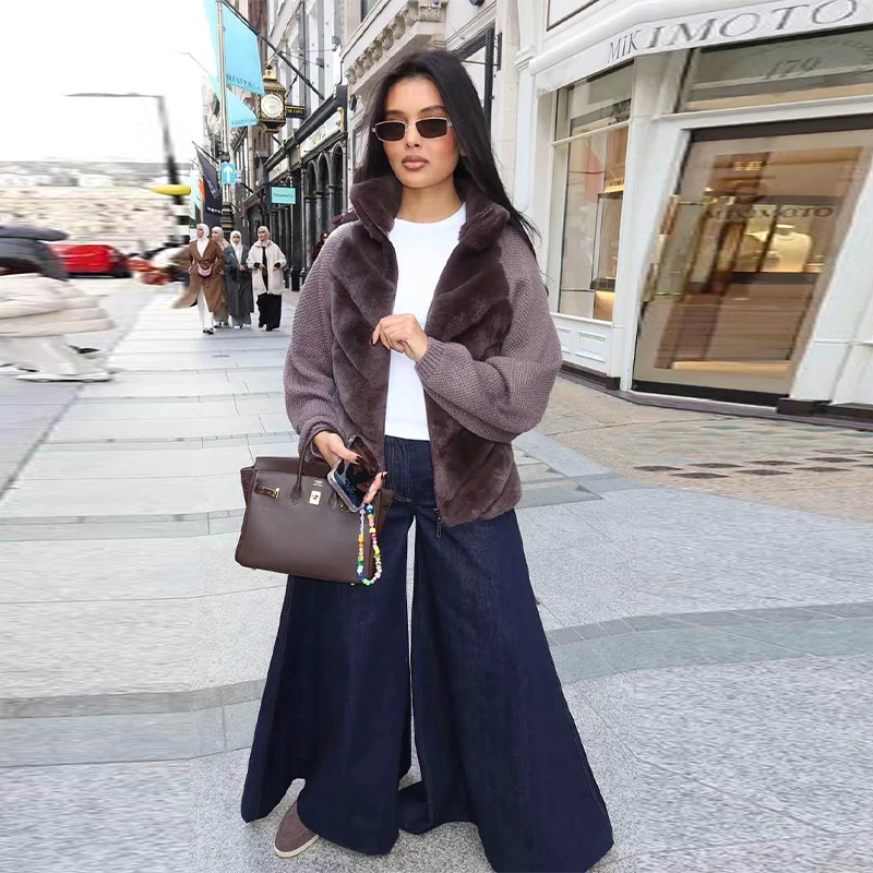 Street Faux Fur Patchwork Jacket Women Design Sense Long Sleeves Casual Female Coat 2025 Autumn Winter Lady Streetwear New