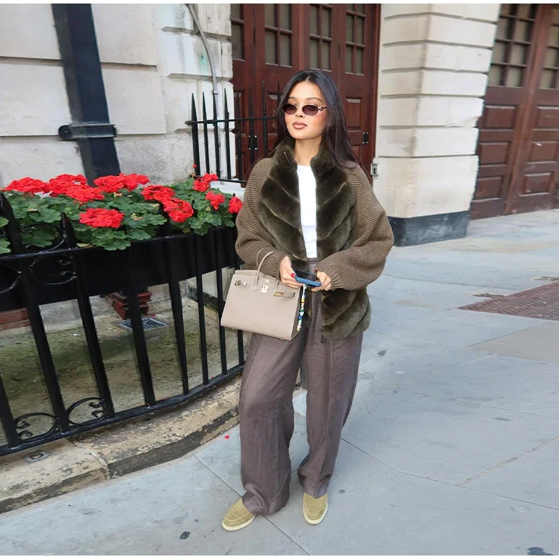 Street Faux Fur Patchwork Jacket Women Design Sense Long Sleeves Casual Female Coat 2025 Autumn Winter Lady Streetwear New