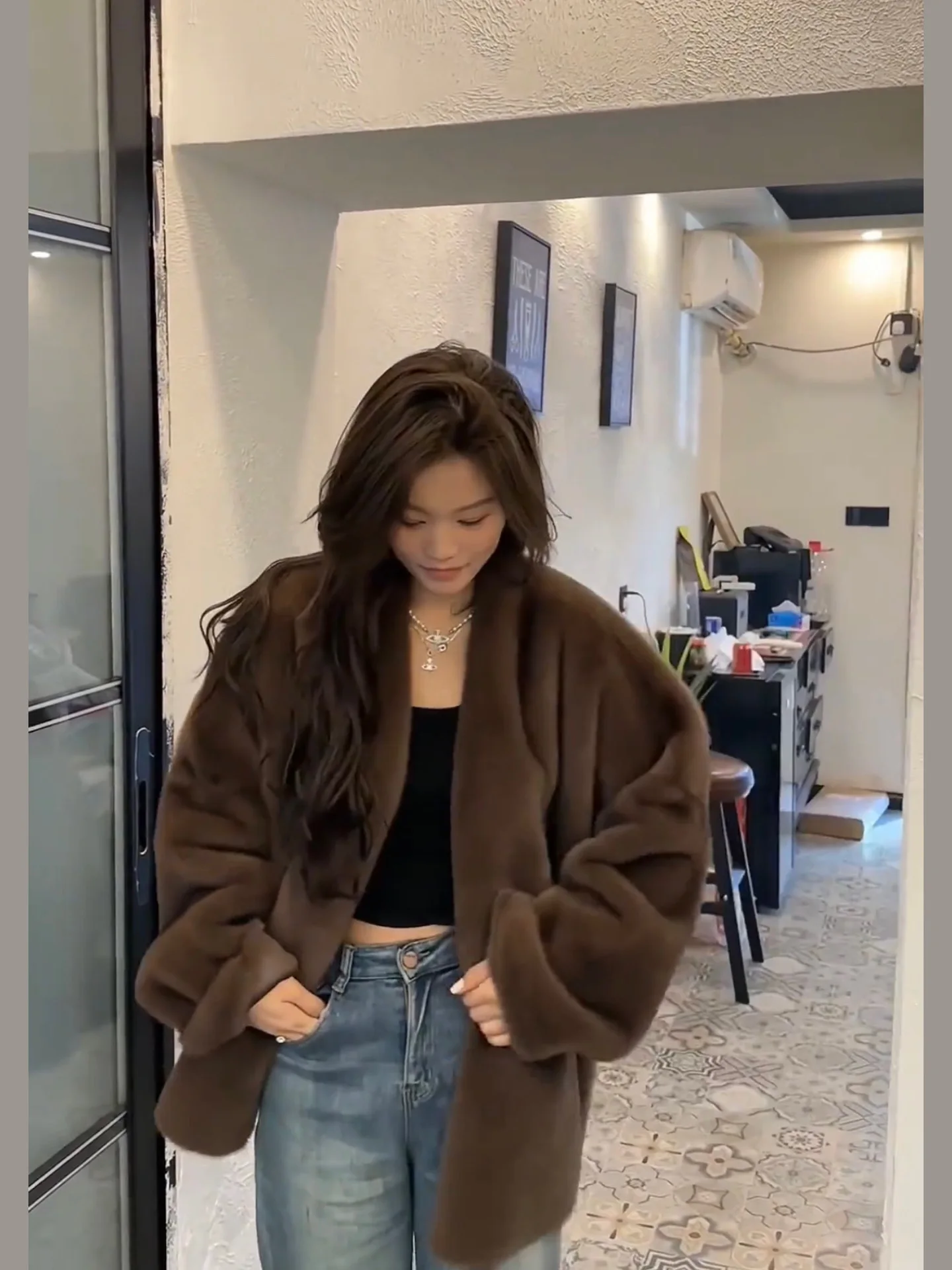 Women Maxi Faux Fur Coats Mid Length Coat Elegant Splice Thick Warm Full Sleeve Open Stitch Loose Mom Autumn Winter Streetwear