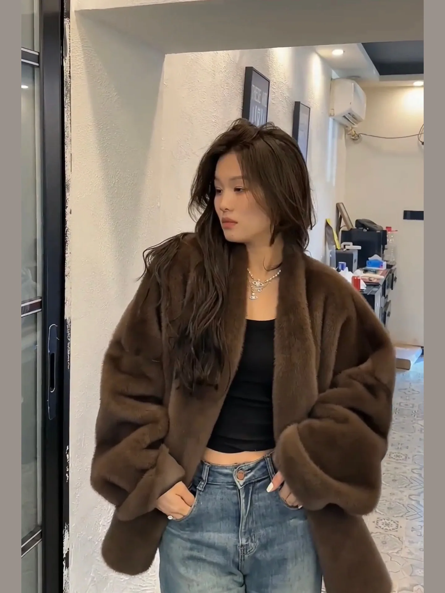 Women Maxi Faux Fur Coats Mid Length Coat Elegant Splice Thick Warm Full Sleeve Open Stitch Loose Mom Autumn Winter Streetwear