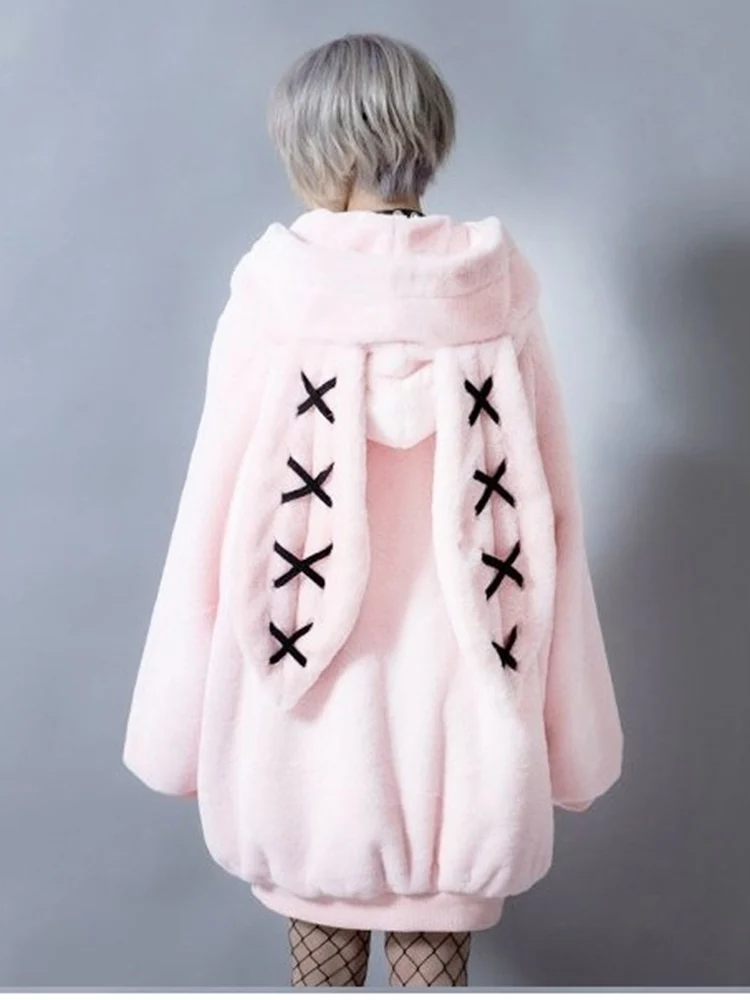 Mauroicardi Winter Sweet Kawaii Soft Warm Purple Faux Fur Coat Women Bunny Ears Luxury Designer Clothes Fluffy Jacket Hoodie