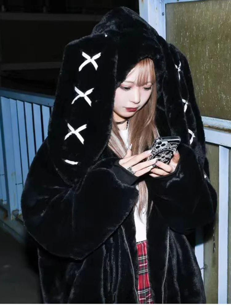 Mauroicardi Winter Sweet Kawaii Soft Warm Purple Faux Fur Coat Women Bunny Ears Luxury Designer Clothes Fluffy Jacket Hoodie