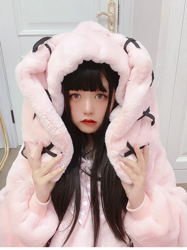 Mauroicardi Winter Sweet Kawaii Soft Warm Purple Faux Fur Coat Women Bunny Ears Luxury Designer Clothes Fluffy Jacket Hoodie