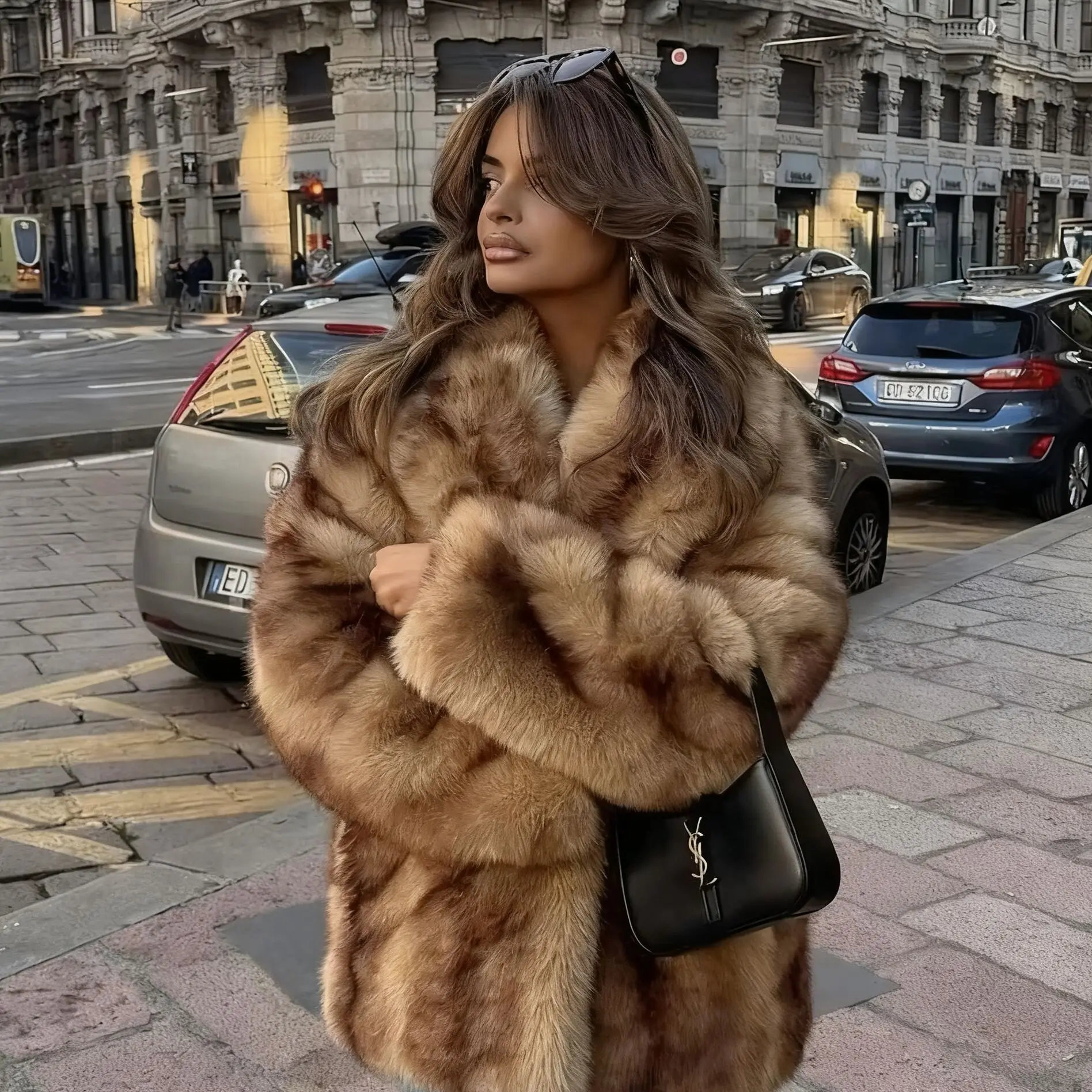 PUAL Luxury Brand Fashion Women Yellow Striped Faux Fur Jacket Coat Chic Girls 2025 Winter Oversized Warm Outerwear Overcoat