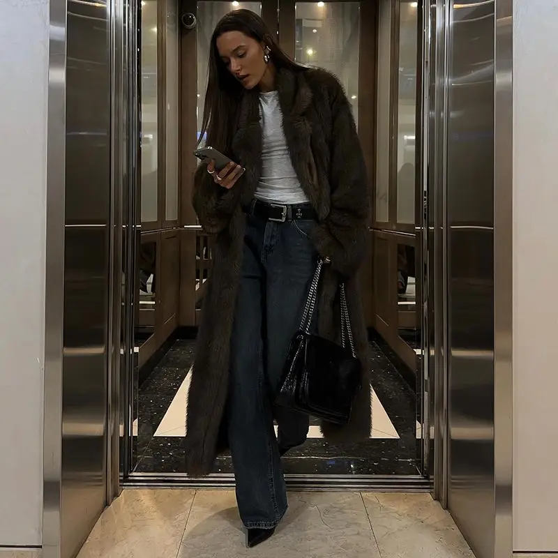 Neo Mint Winter Warm Fluffy Gradient Eco Fur Jacket Women Luxury Long Faux Fox Fur Coat Street Furry Outerwear Overcoat