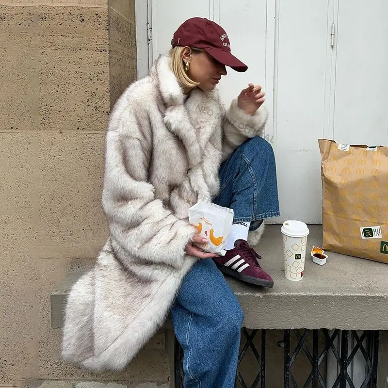 Neo Mint Winter Warm Fluffy Gradient Eco Fur Jacket Women Luxury Long Faux Fox Fur Coat Street Furry Outerwear Overcoat