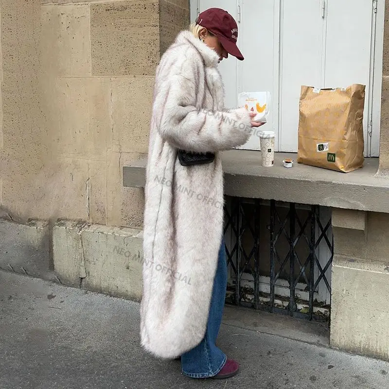 Neo Mint Winter Warm Fluffy Gradient Eco Fur Jacket Women Luxury Long Faux Fox Fur Coat Street Furry Outerwear Overcoat