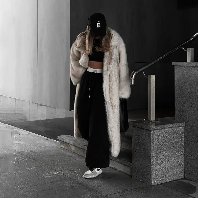 Neo Mint Winter Warm Fluffy Gradient Eco Fur Jacket Women Luxury Long Faux Fox Fur Coat Street Furry Outerwear Overcoat
