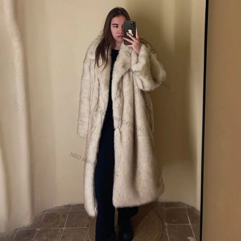 Neo Mint Winter Warm Fluffy Gradient Eco Fur Jacket Women Luxury Long Faux Fox Fur Coat Street Furry Outerwear Overcoat
