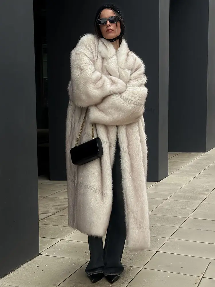 Neo Mint Winter Warm Fluffy Gradient Eco Fur Jacket Women Luxury Long Faux Fox Fur Coat Street Furry Outerwear Overcoat