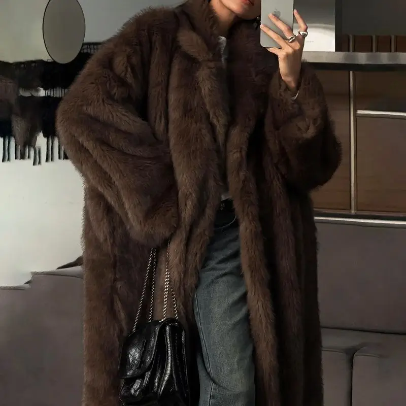 Neo Mint Winter Warm Fluffy Gradient Eco Fur Jacket Women Luxury Long Faux Fox Fur Coat Street Furry Outerwear Overcoat