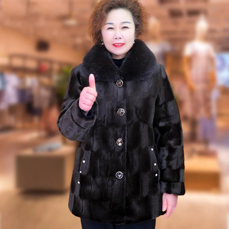 Grandma's Winter Jacket New Imitation Mink Fur Coat Mid Length Elderly Mother Add Velvet Thicken Warm Parkas Women Overcoat 6XL