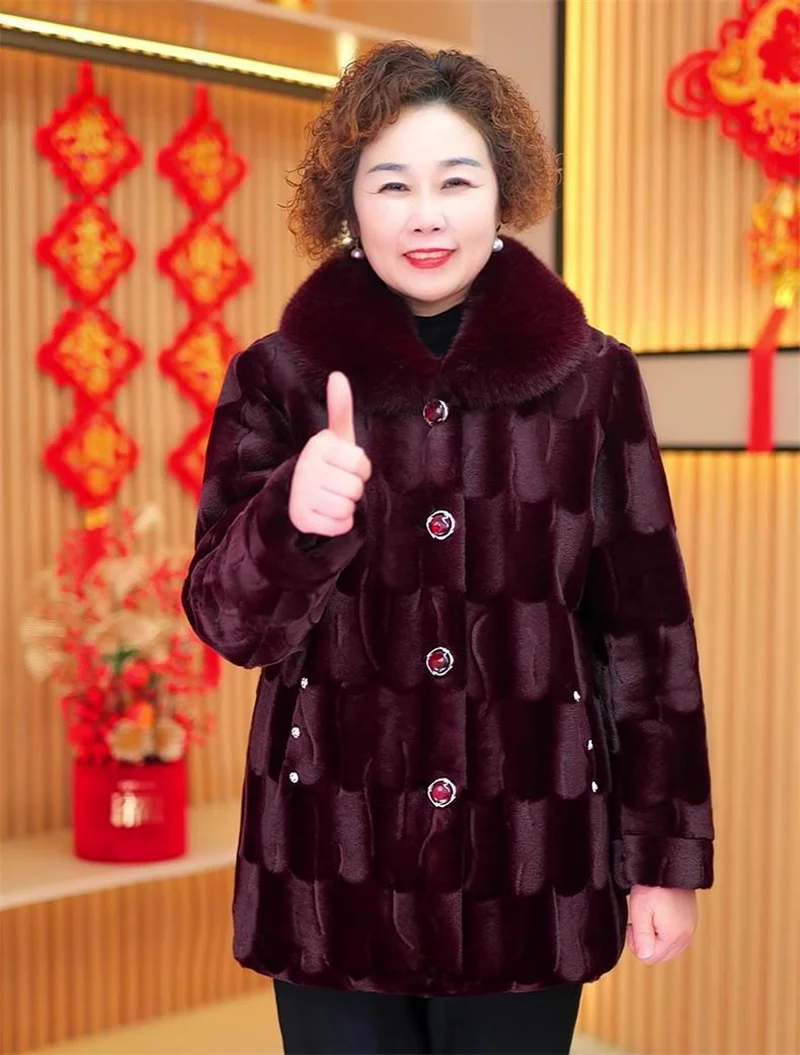 Grandma's Winter Jacket New Imitation Mink Fur Coat Mid Length Elderly Mother Add Velvet Thicken Warm Parkas Women Overcoat 6XL