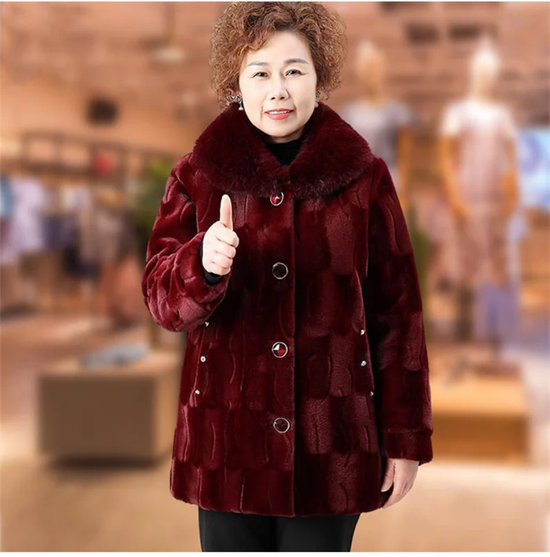 Grandma's Winter Jacket New Imitation Mink Fur Coat Mid Length Elderly Mother Add Velvet Thicken Warm Parkas Women Overcoat 6XL