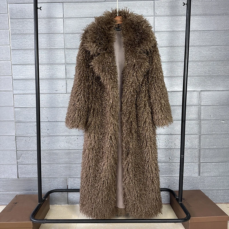 DEAT 2026 Autumn Winter New Fashion Beach Wool Faux Fur Coat For Women Suit Collar Solid Color Long Overcoat Female 11A07448