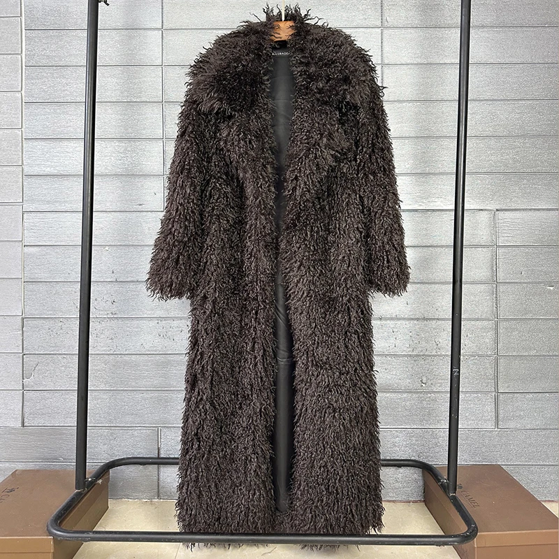 DEAT 2026 Autumn Winter New Fashion Beach Wool Faux Fur Coat For Women Suit Collar Solid Color Long Overcoat Female 11A07448