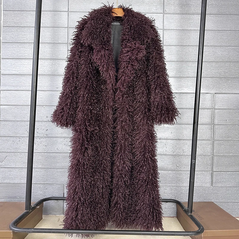 DEAT 2026 Autumn Winter New Fashion Beach Wool Faux Fur Coat For Women Suit Collar Solid Color Long Overcoat Female 11A07448