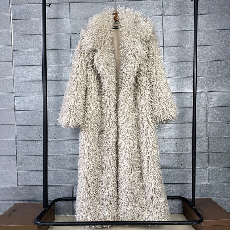DEAT 2026 Autumn Winter New Fashion Beach Wool Faux Fur Coat For Women Suit Collar Solid Color Long Overcoat Female 11A07448