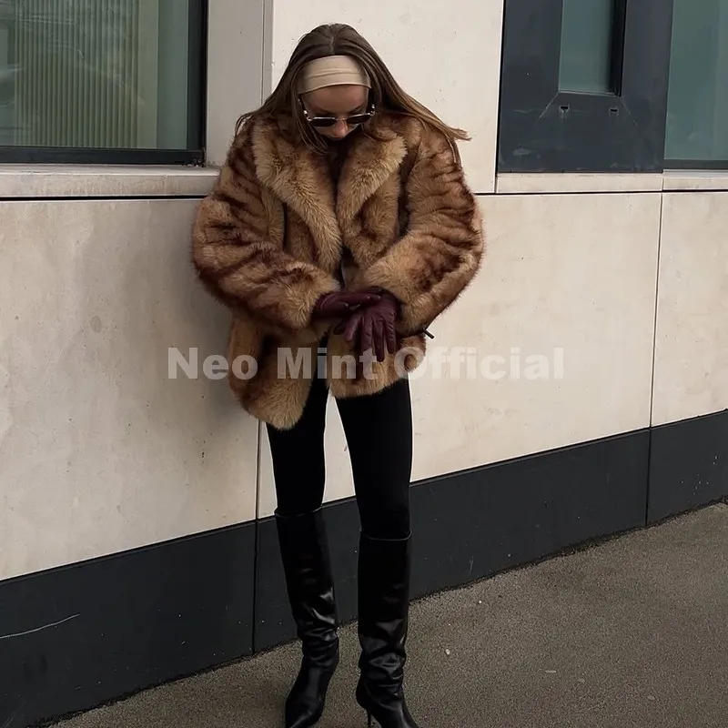Neo Mint Luxury Brand Fashion Women Yellow Striped Faux Fur Jacket Coat Chic Girls 2025 Winter Oversized Warm Outerwear Overcoat